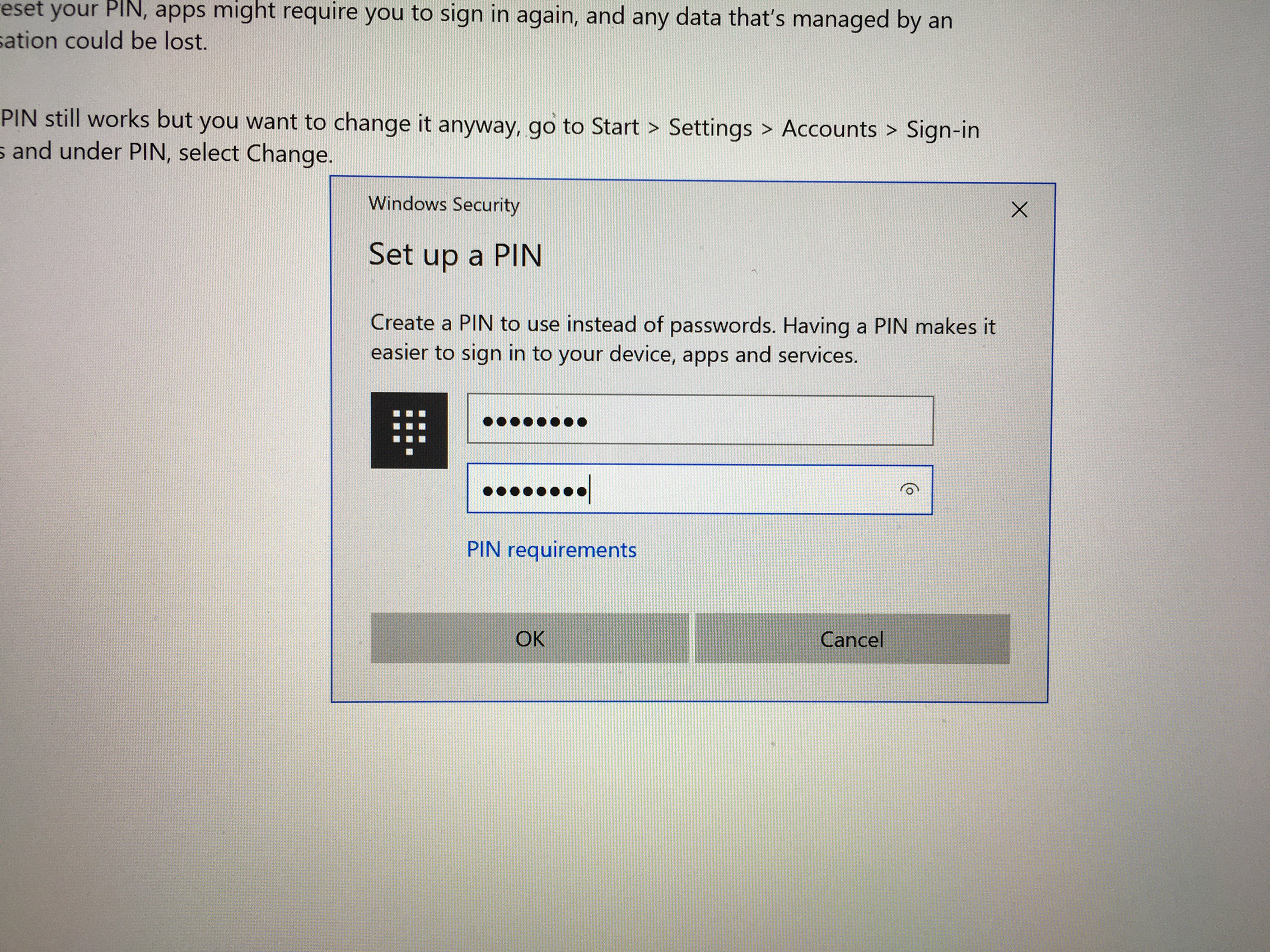 reset office 365 pin