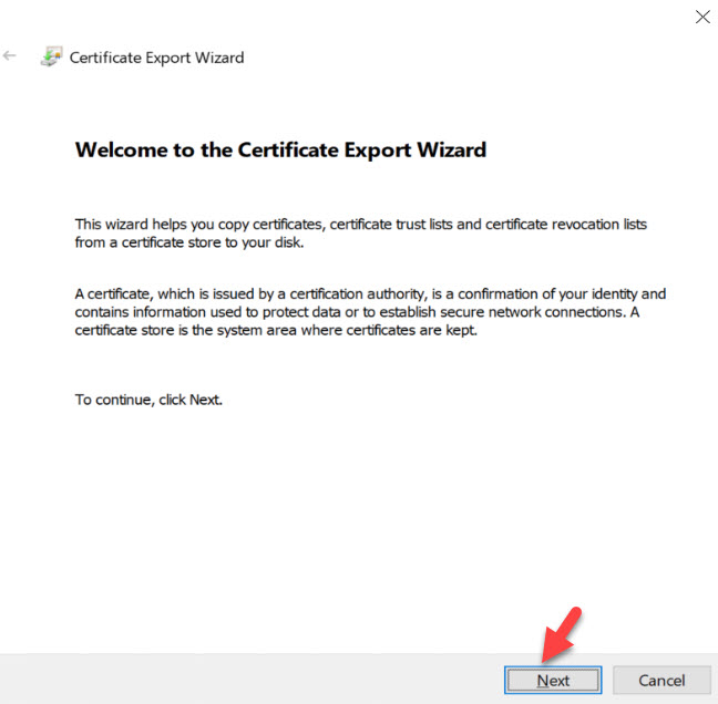 export certificate wizard screen 1