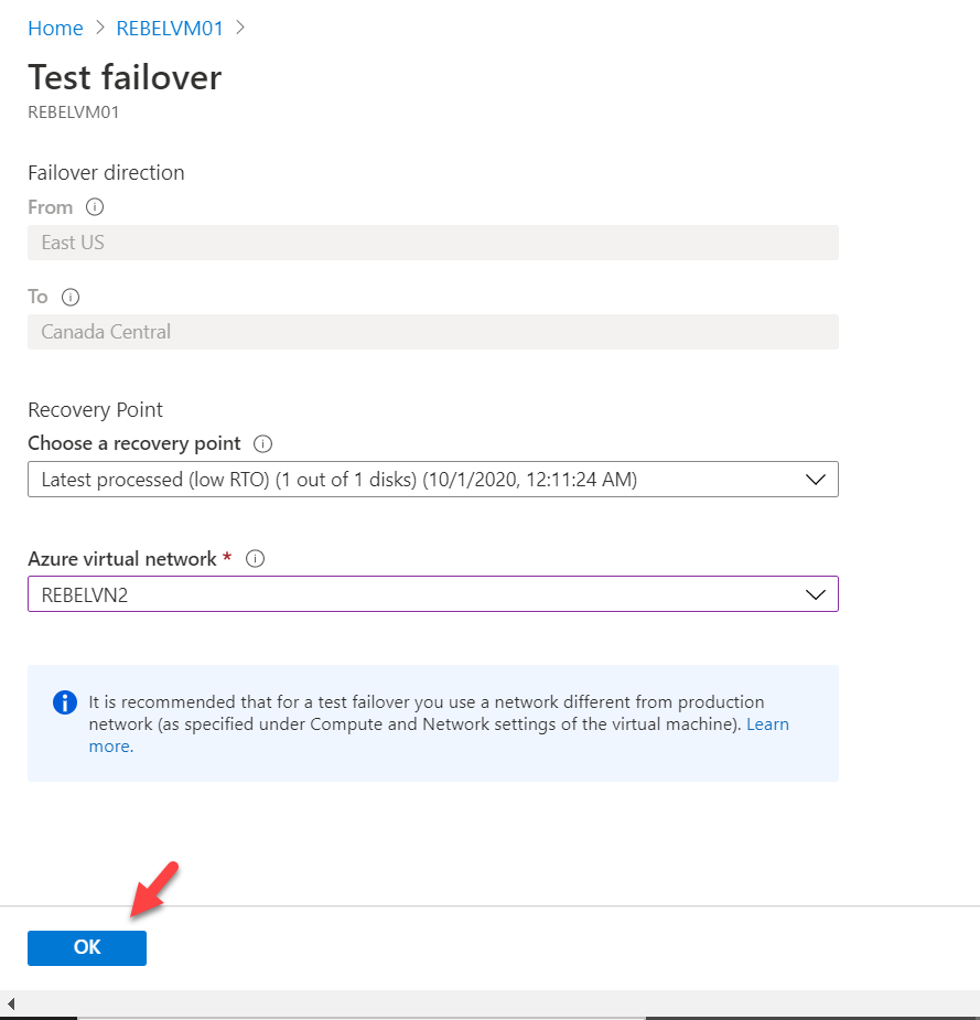 select recovery point and Azure virtual network for the test failover