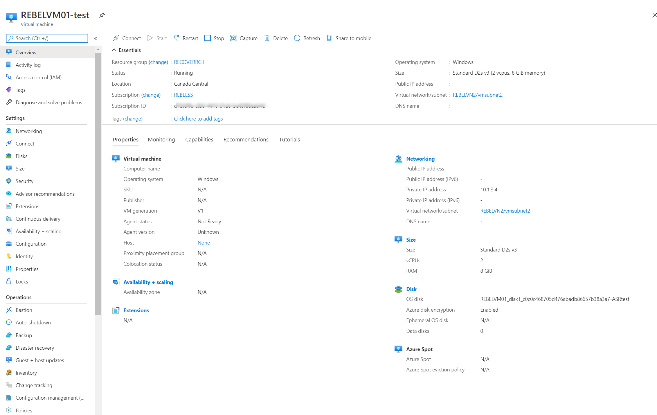 Properties page of the Azure VM