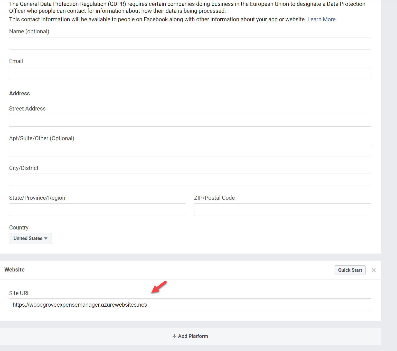 Facebook app url and privacy url settings