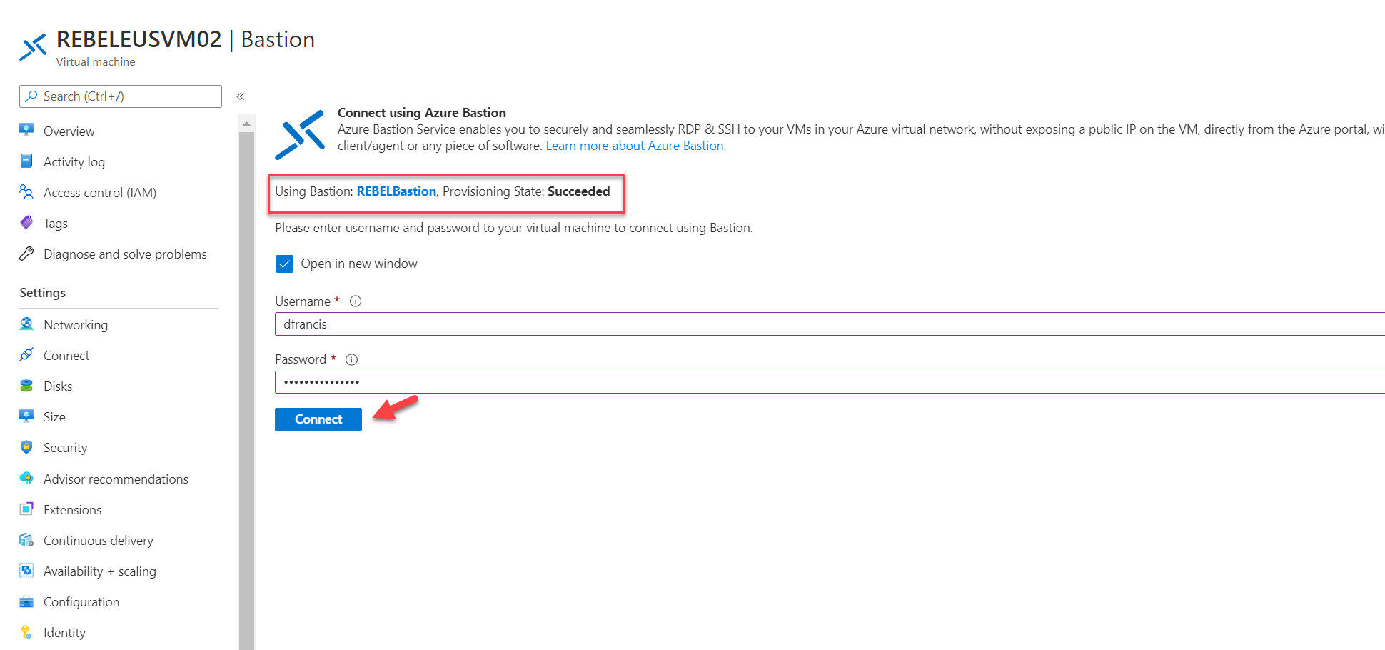 Connect to REBELEUSVM02 using Azure Bastion Option