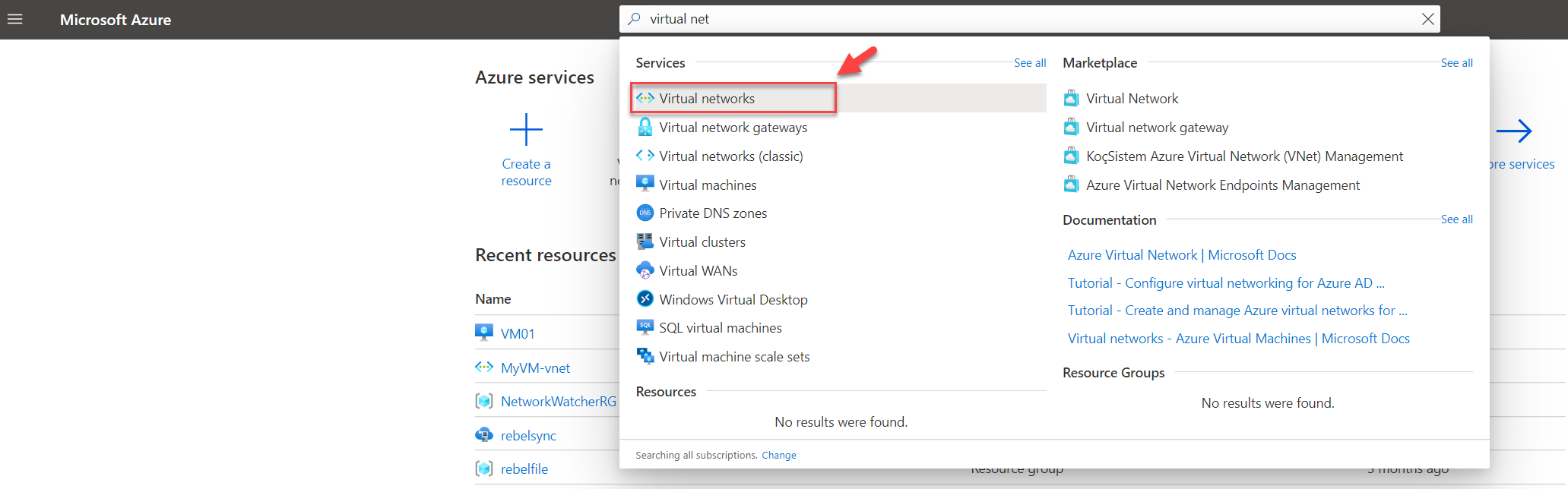Search for Azure Virtual Network Resources