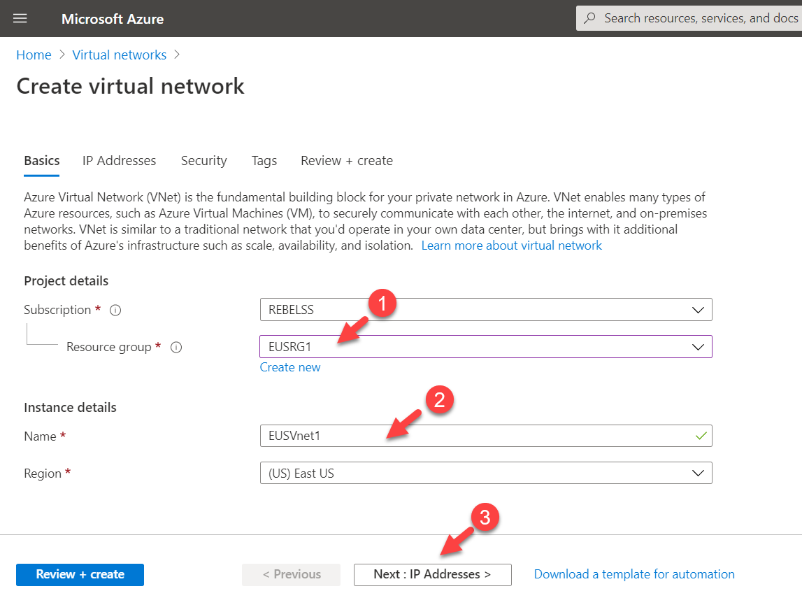 Azure Virtual Network Settings