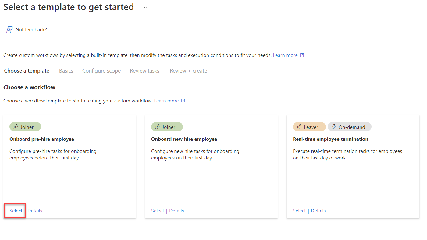 Onboard pre-hire employee pre-built lifecycle workflow template