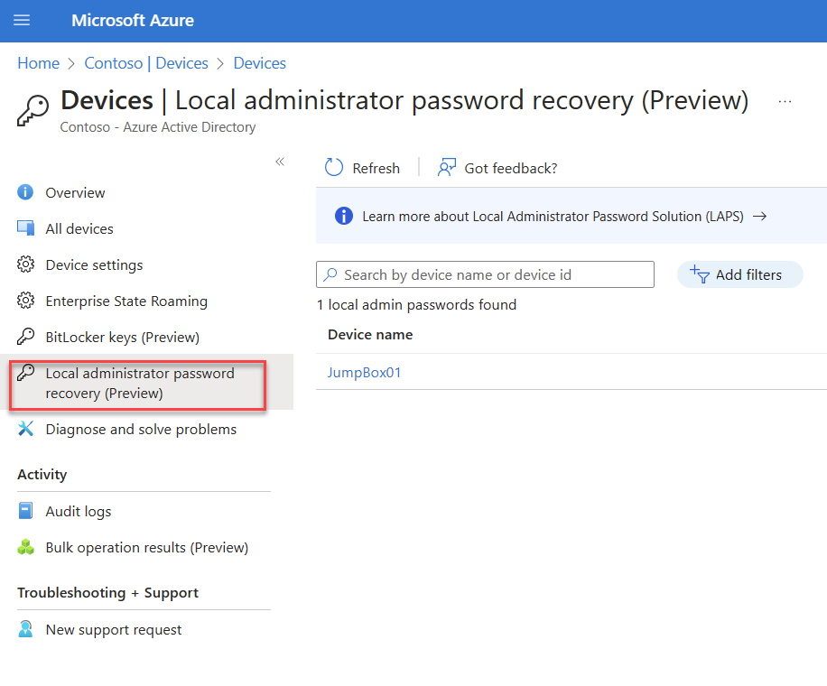 Password recovery via Azure portal