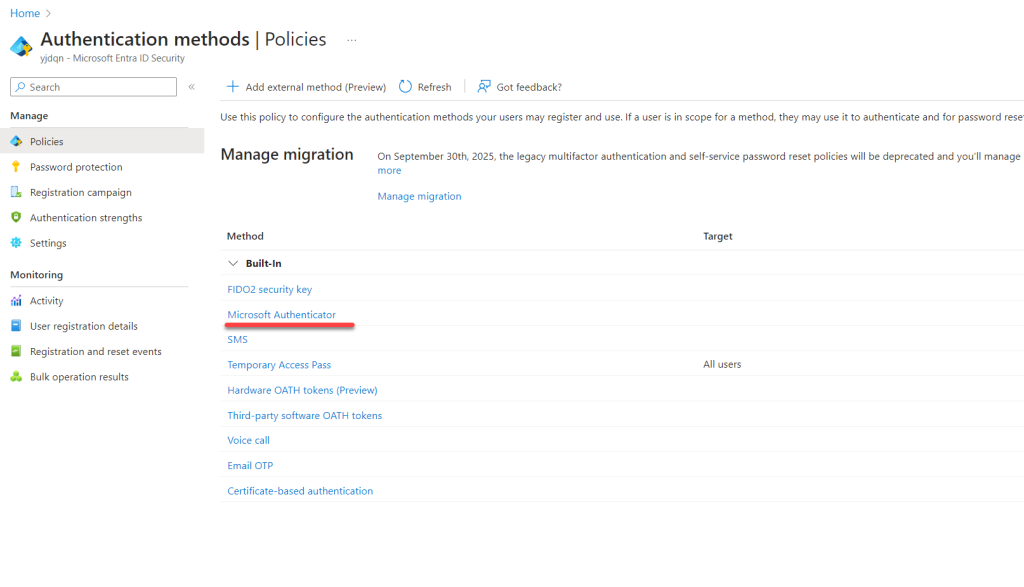 Microsoft authenticator as login method