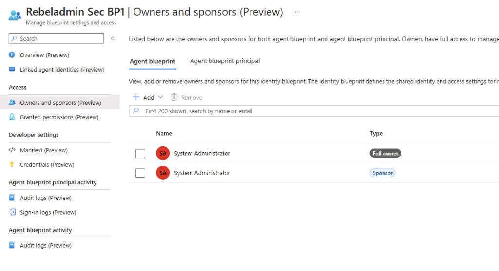 Microsoft Entra Agent Identity Blueprint sponsor and owners